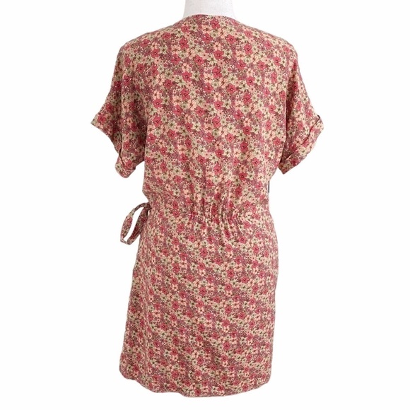 FRANK & OAK PINK GREEN COLORFUL FLORAL SHORT SLEEVE WRAP DRESS - M - Picture 4 of 10